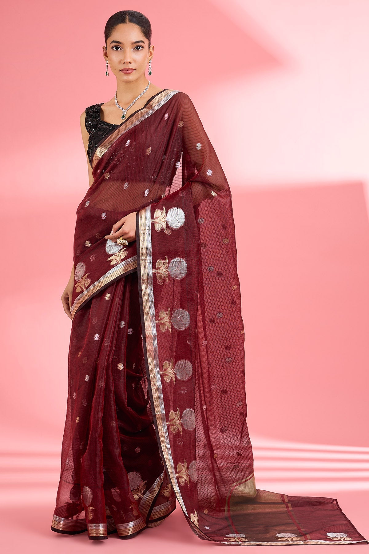 Buy Maroon Kota Doria Silk Saree for women by Milu Madan online available at scrollnshops