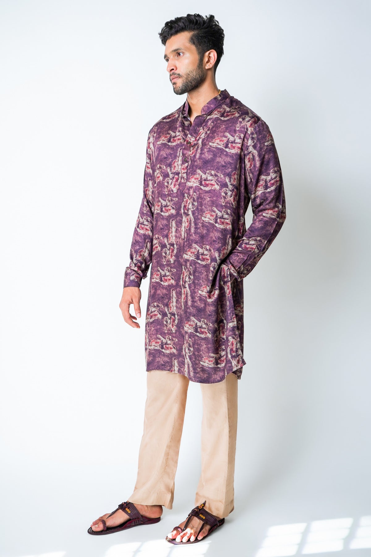 Maroon Linen Printed Kurta Set