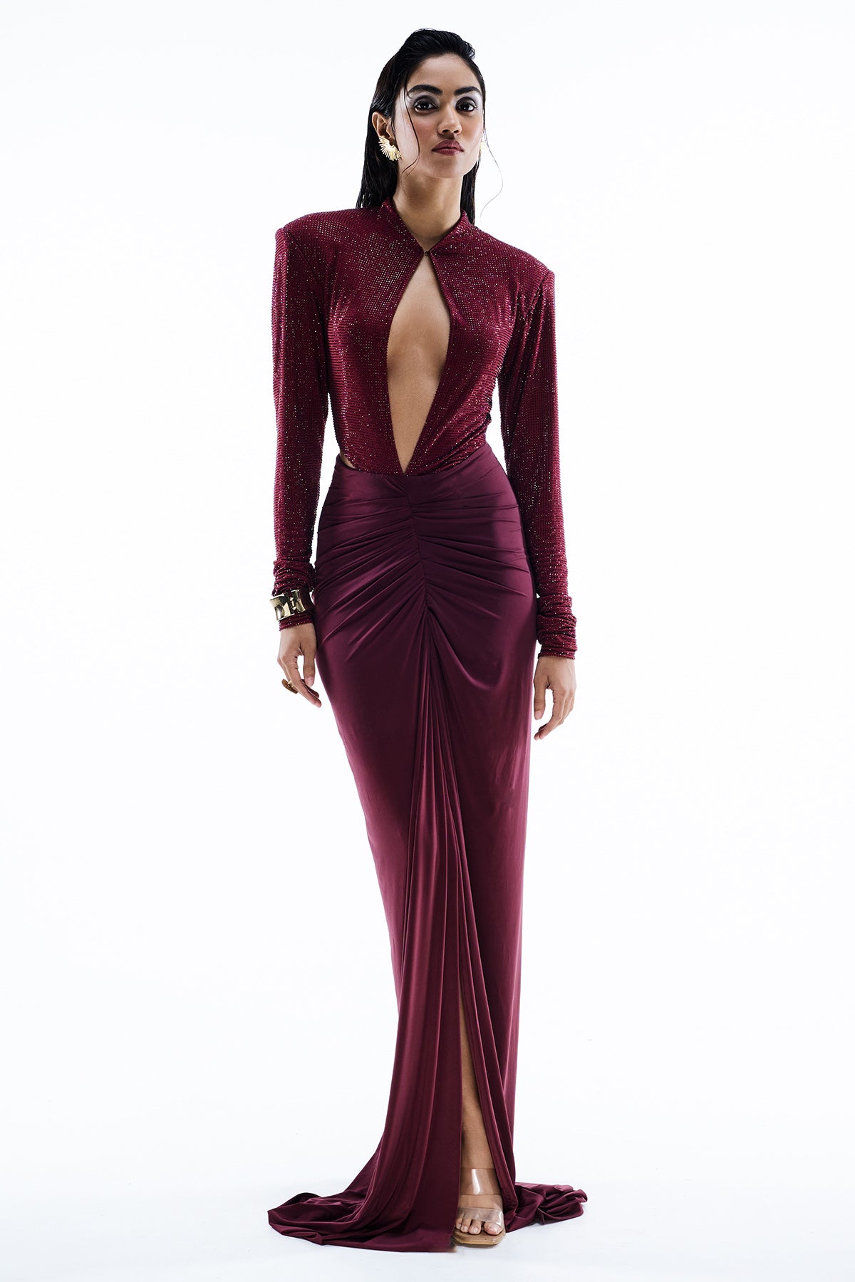 Buy Maroon Net Cut Out Maxi Dress for women by GKDedit online available at scrollnshops
