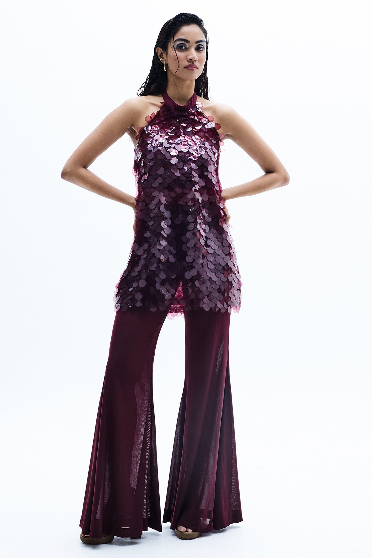 Buy Maroon Net Sequins Co-ord Set for women by GKDedit online available at scrollnshops