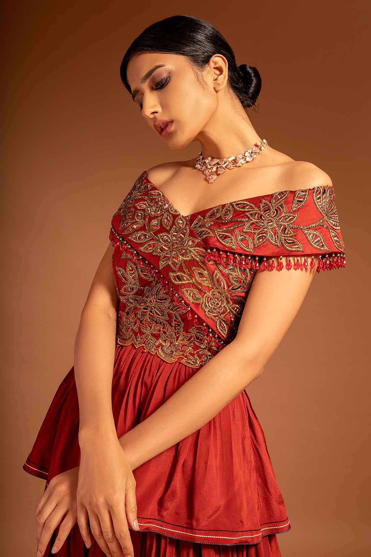 Maroon Off Shoulder Tiered Dress