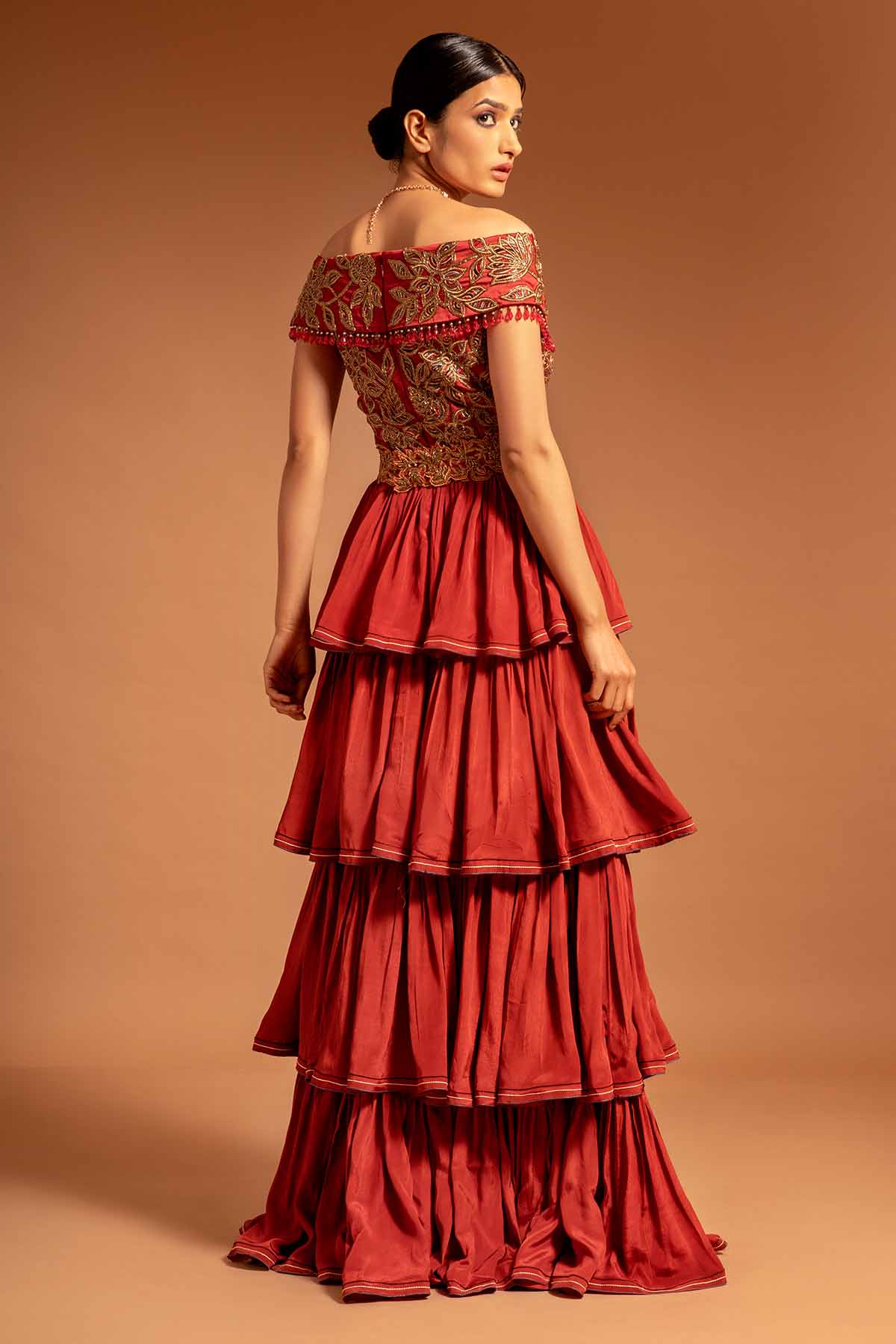 Maroon Off Shoulder Tiered Dress