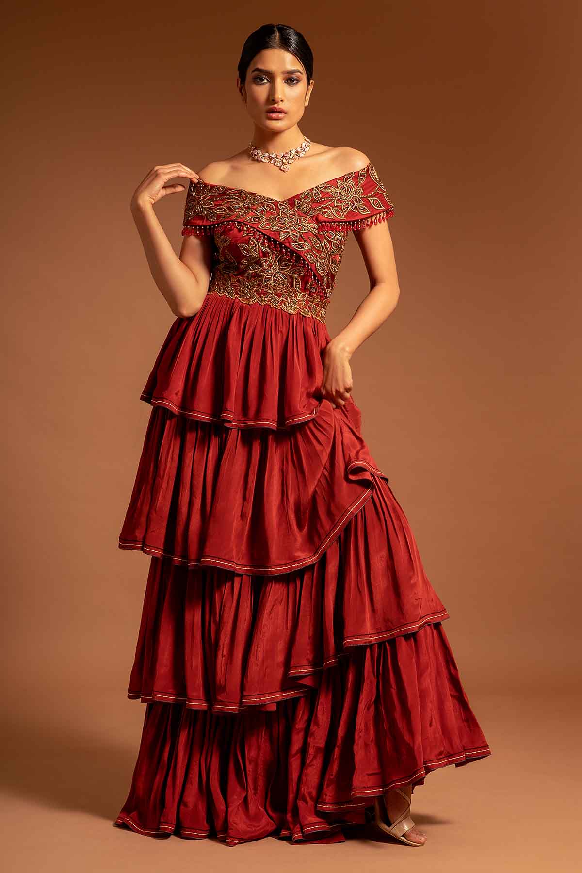 Buy Maroon Off Shoulder Tiered Dress by Sejal Kamdar at ScrollnShops