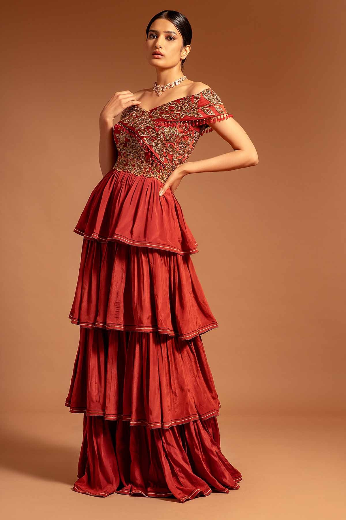 Maroon Off Shoulder Tiered Dress