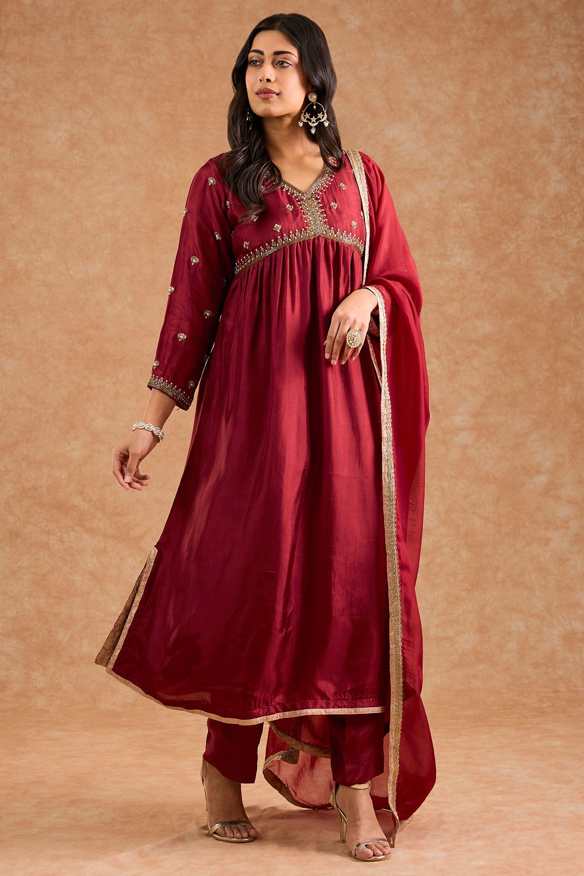 Buy Maroon Opara Silk Anarkali Set for women by Milu Madan online available at scrollnshops
