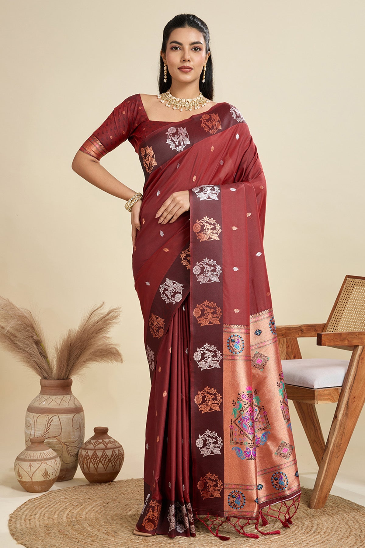 Buy Maroon Paithani Saree & Blouse for Women Online available at ScrollnShops