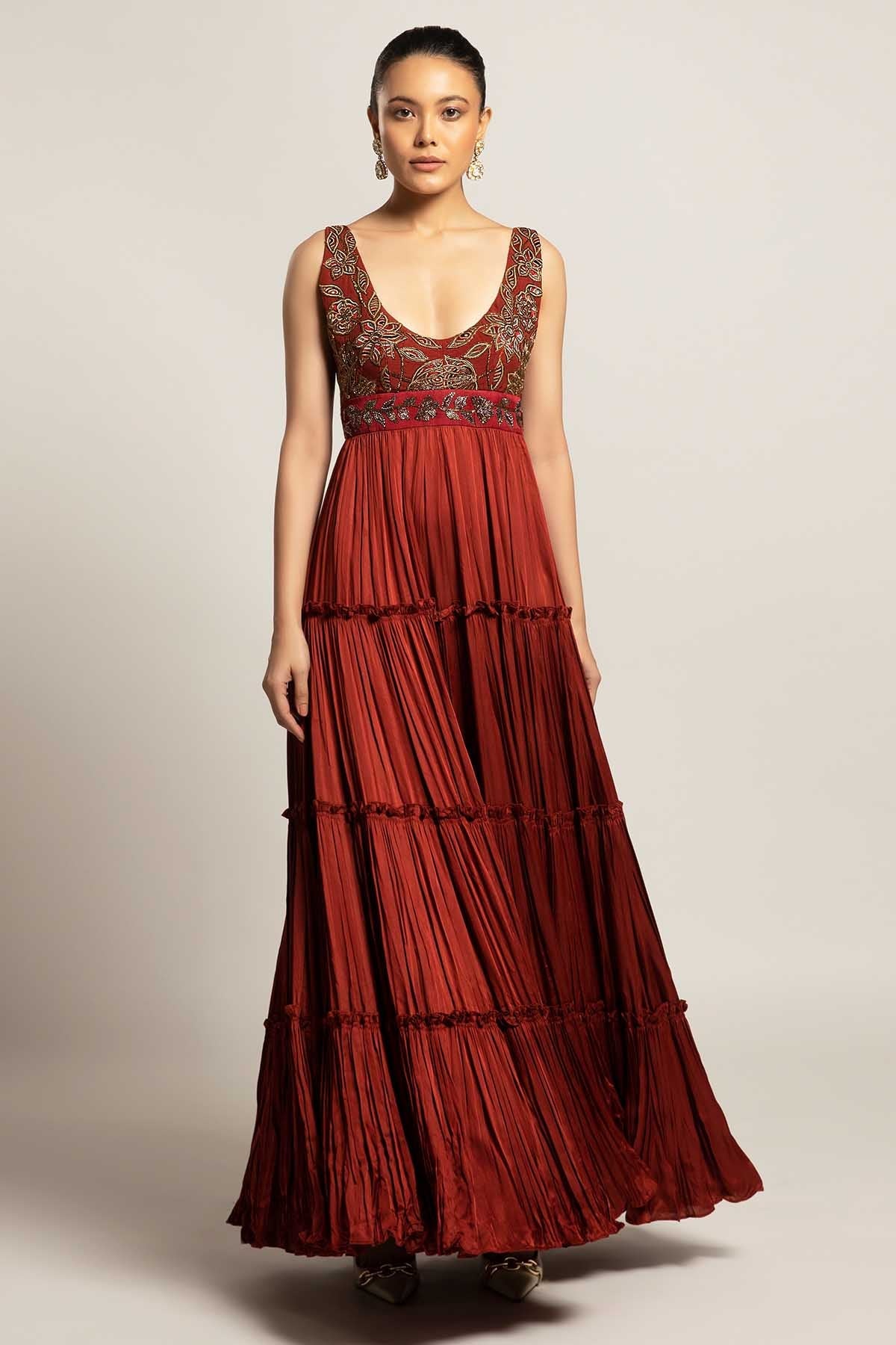 Buy Maroon Patchwork Layered Dress by Sejal Kamdar for women online at ScrollnShops