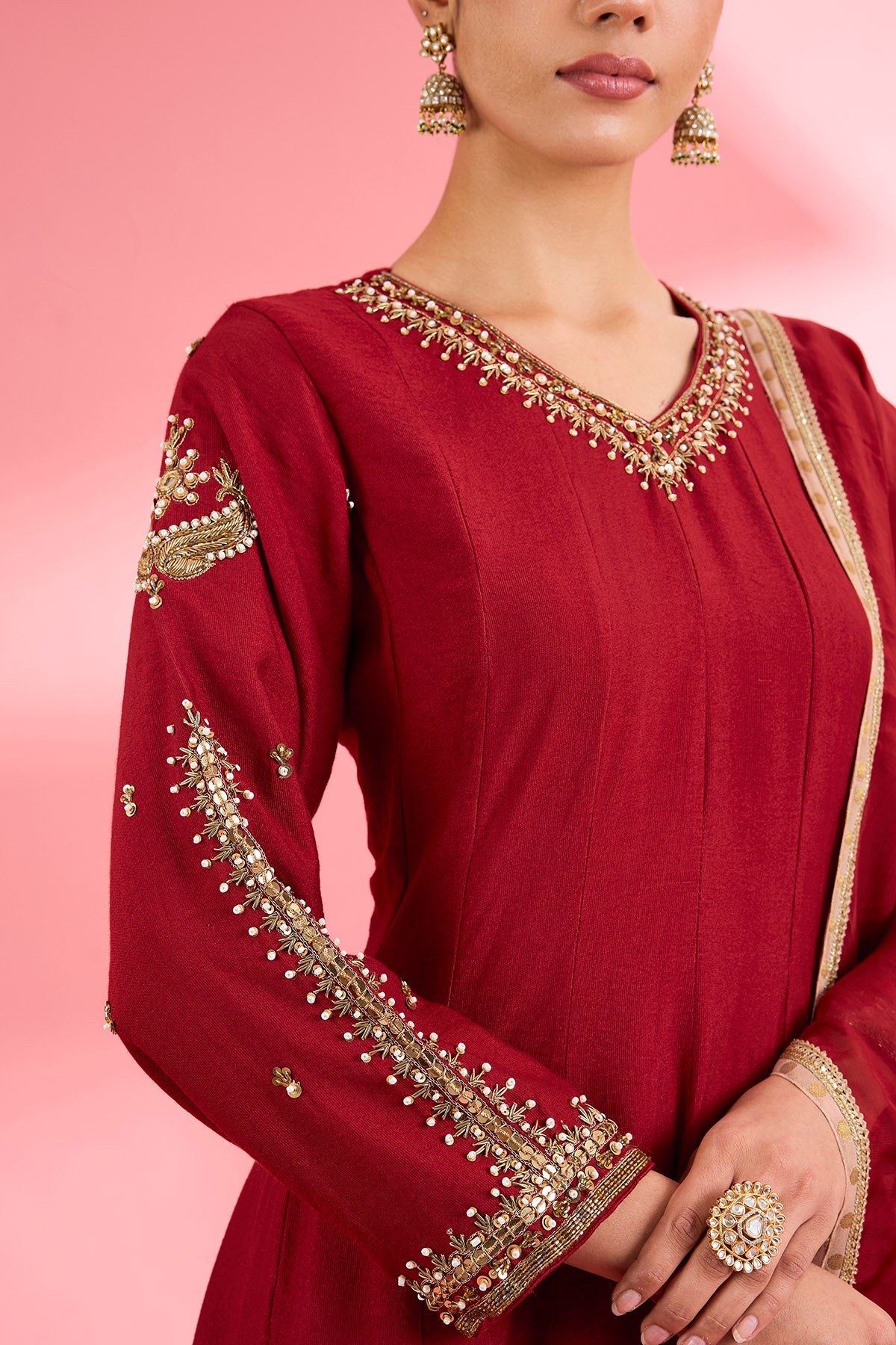 Maroon Pearl & Sequin Kurta Set