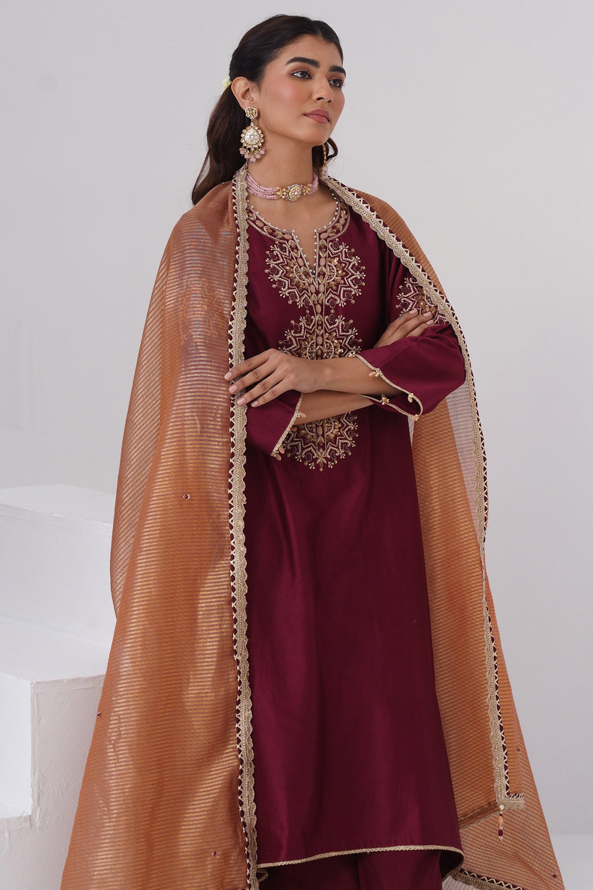 Maroon Pearl Zardozi Kurta Set