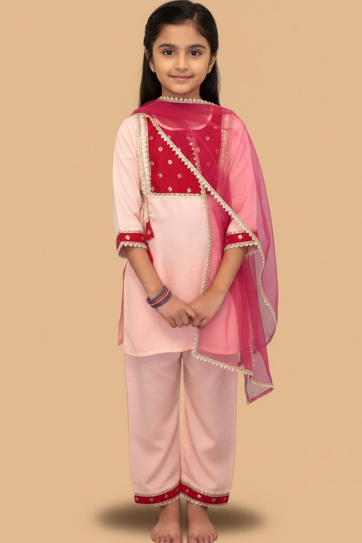 Buy Maroon & Pink Cotton Kurta Set for Kids by ViYa online available at scrollnshops