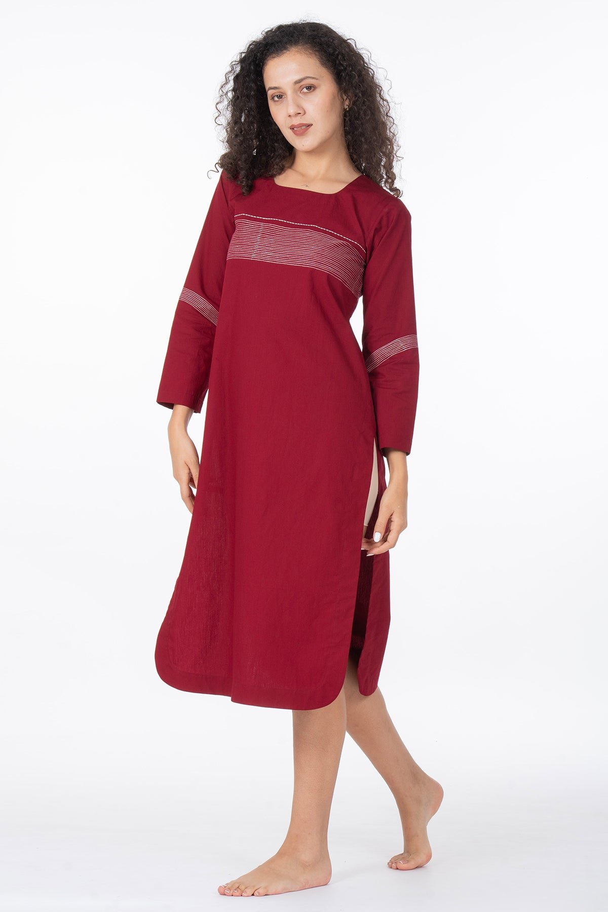 Maroon Poplin Cotton Midi Dress