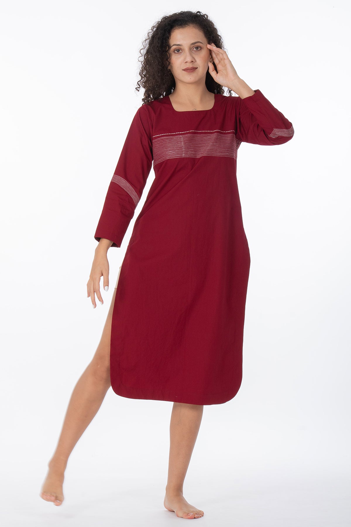 Maroon Poplin Cotton Midi Dress