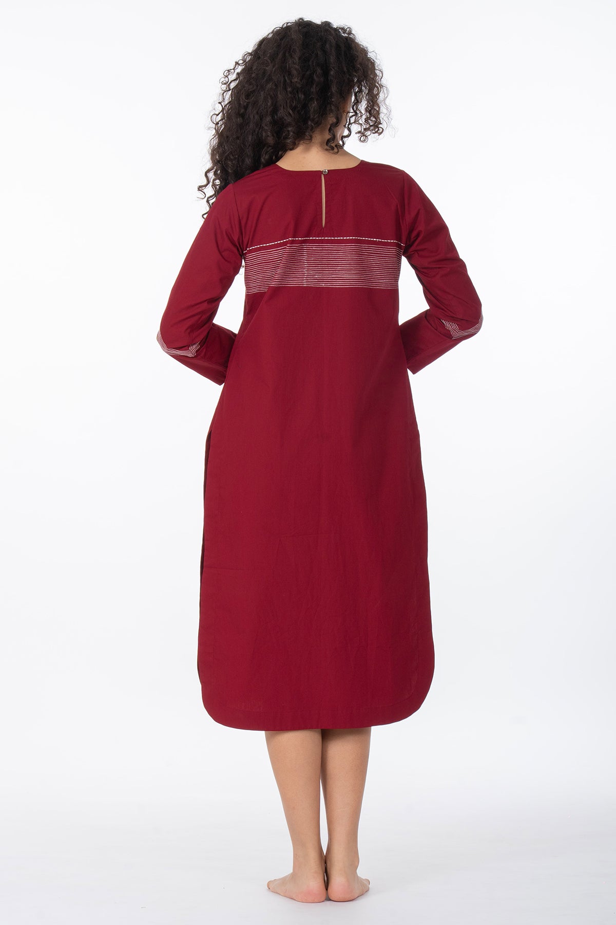 Maroon Poplin Cotton Midi Dress
