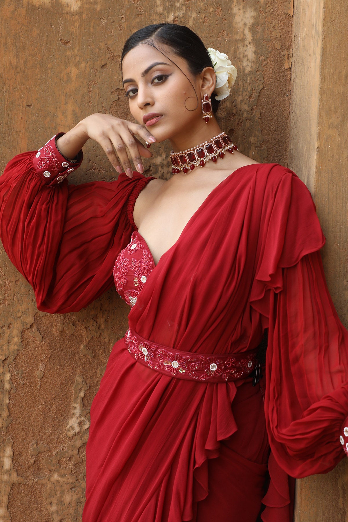 Maroon Pre-Draped Saree & Blouse