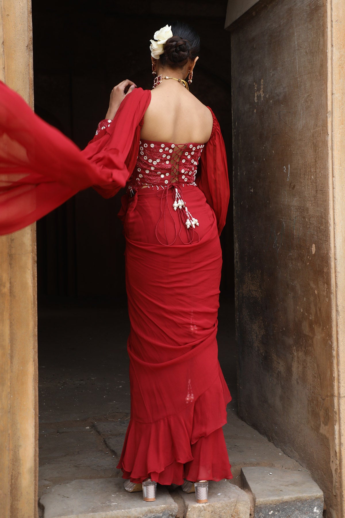 Maroon Pre-Draped Saree & Blouse