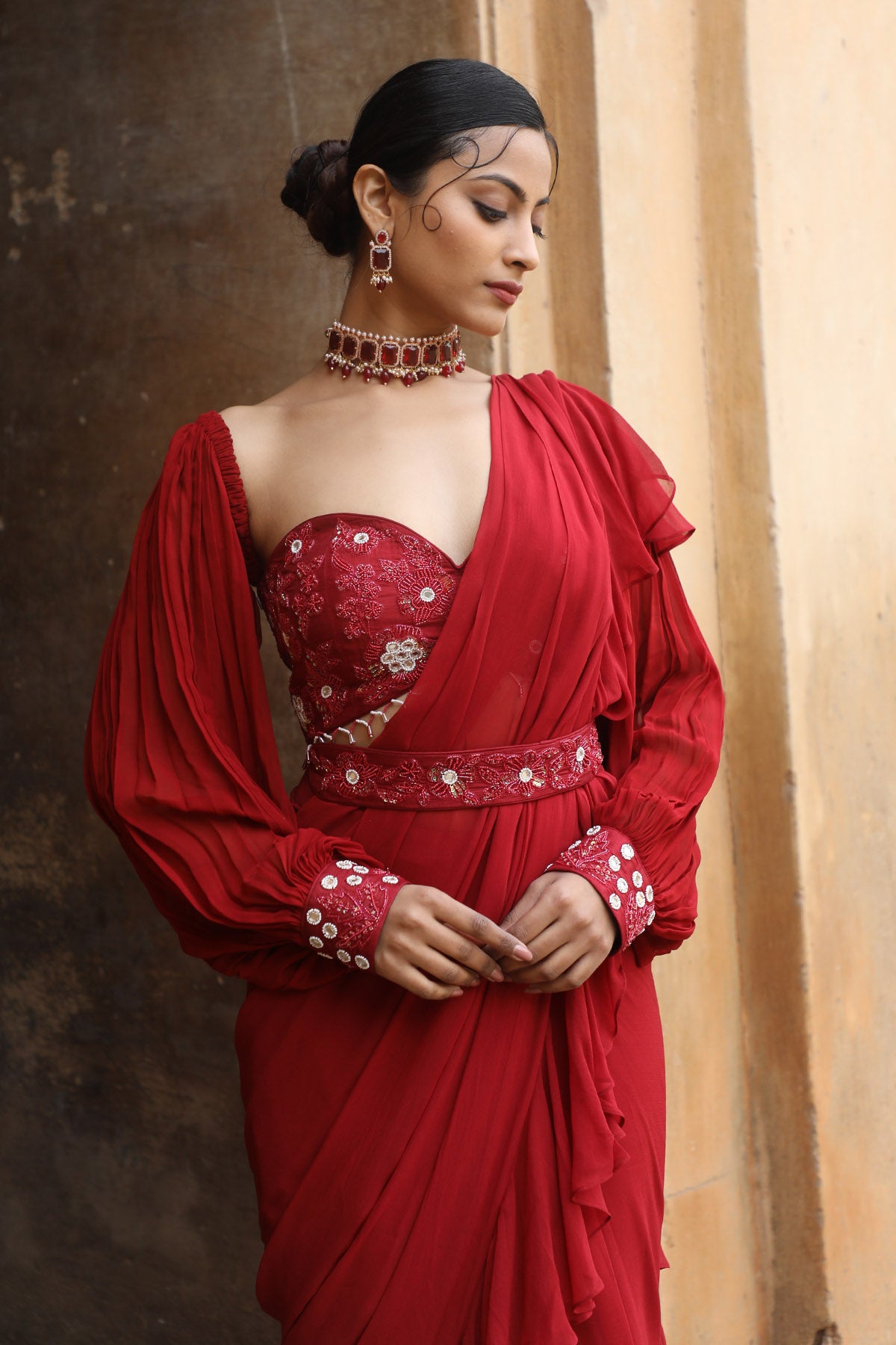 Maroon Pre-Draped Saree & Blouse