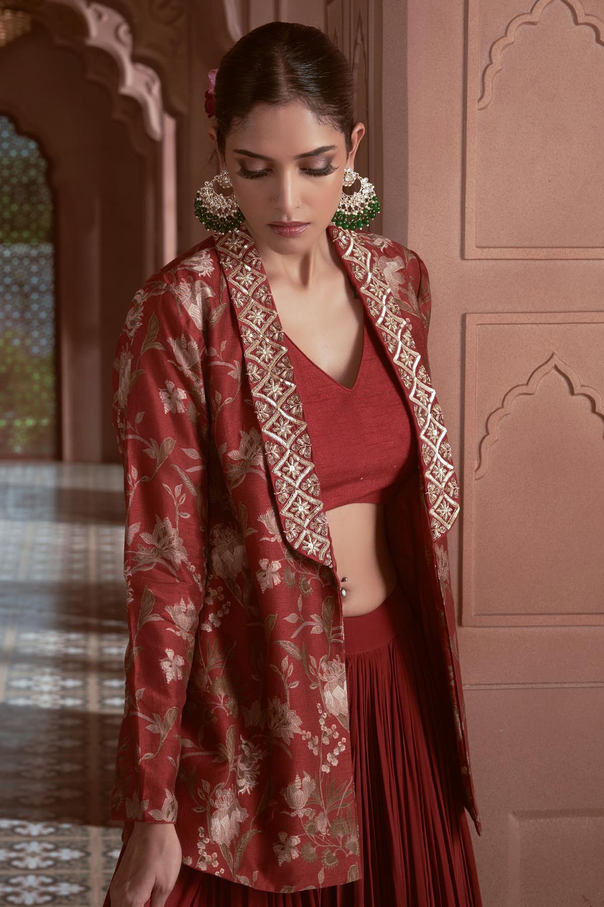 Maroon Print Lehenga Jacket Set