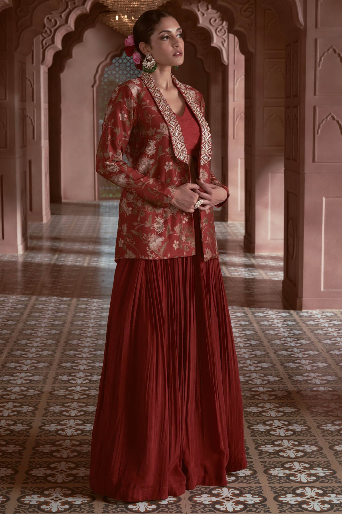 Maroon Print Lehenga Jacket Set