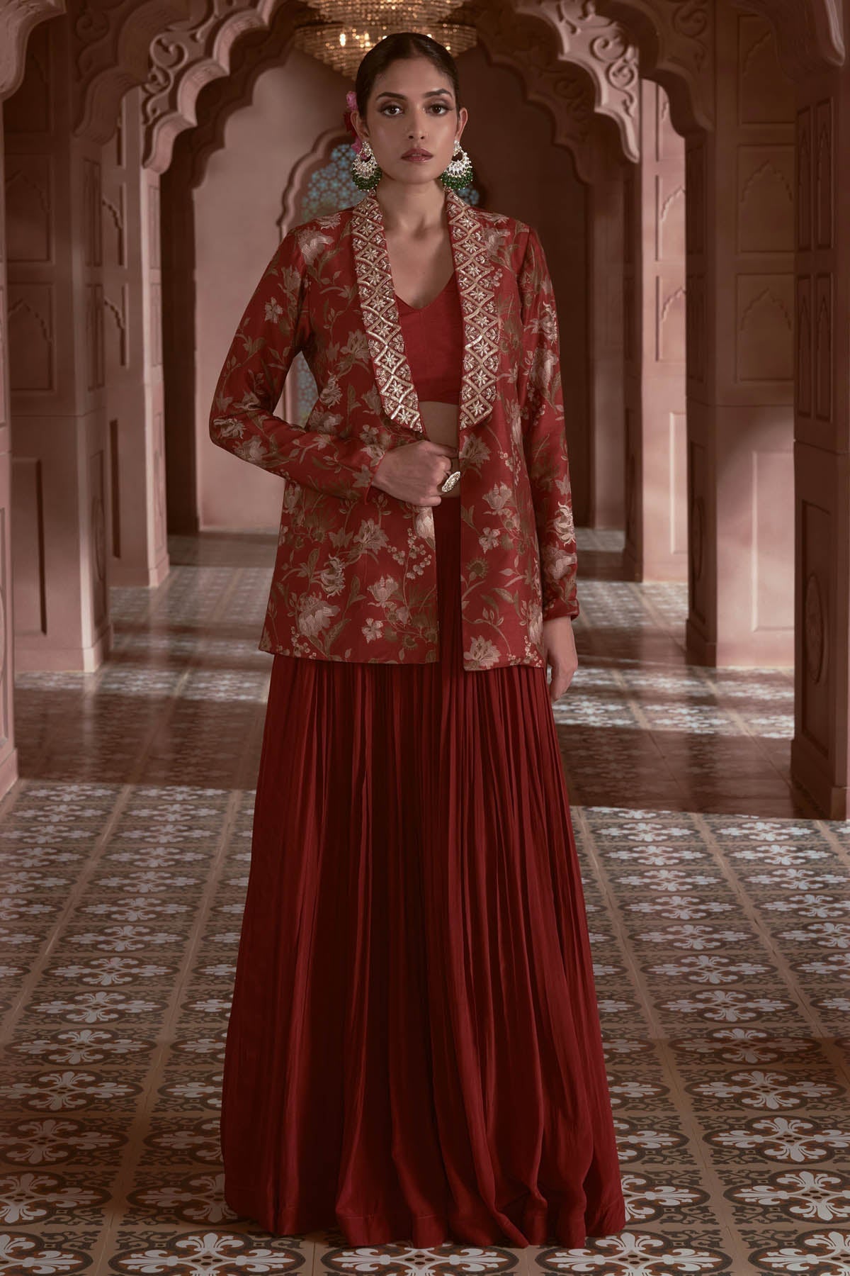 Megha Pitti Maroon Print Lehenga Jacket Set for women online at ScrollnShops