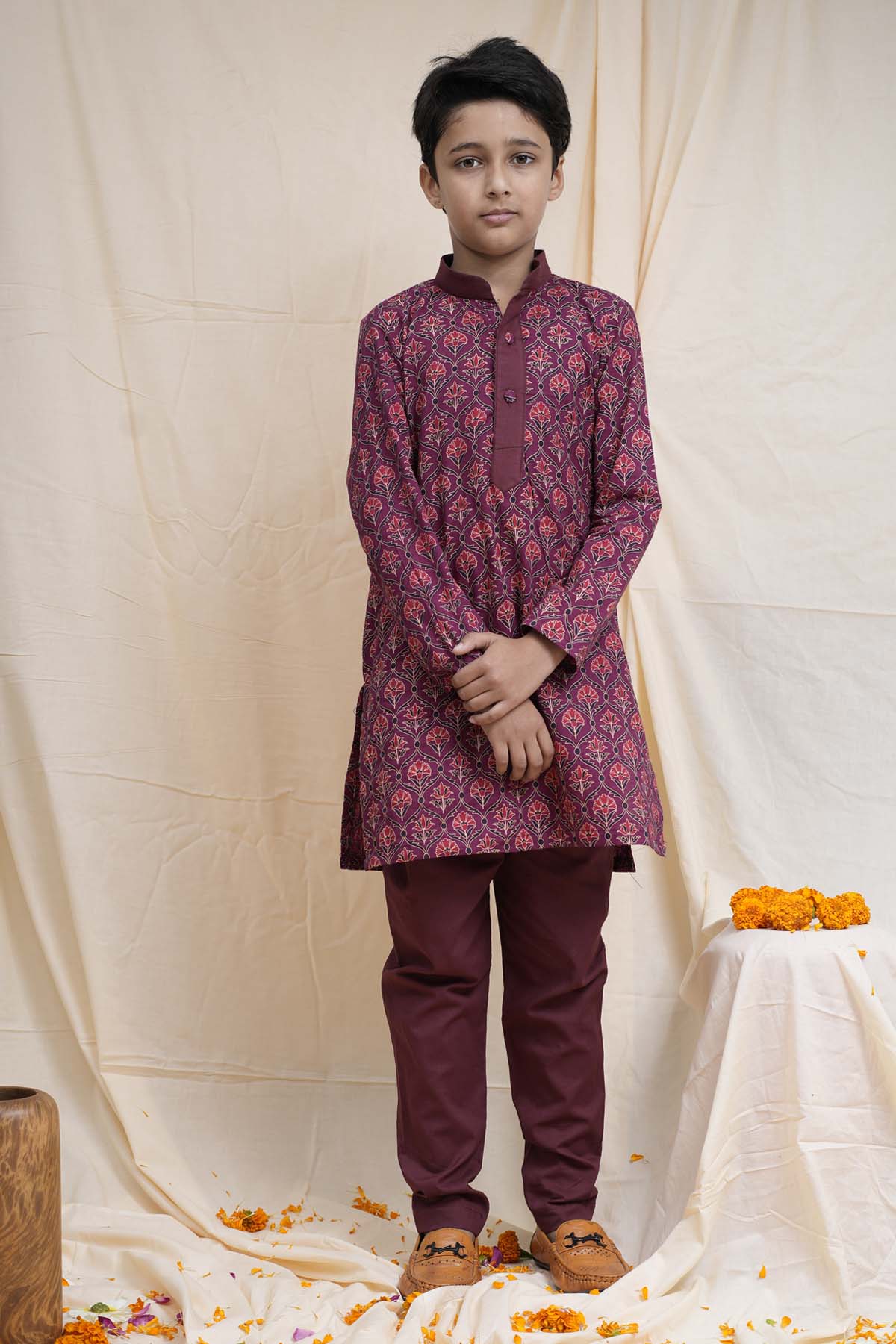 Maroon Printed Collar Kurta Set