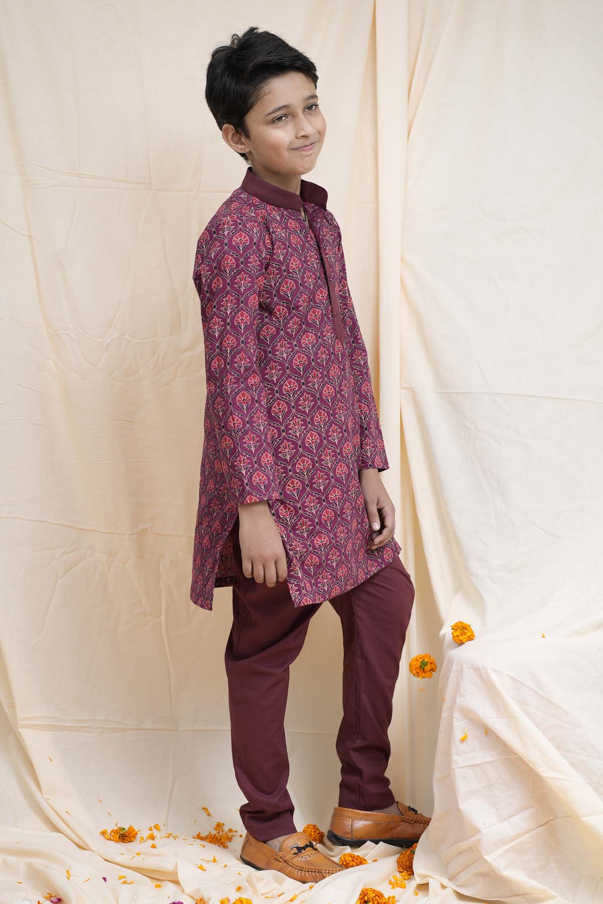 Maroon Printed Collar Kurta Set
