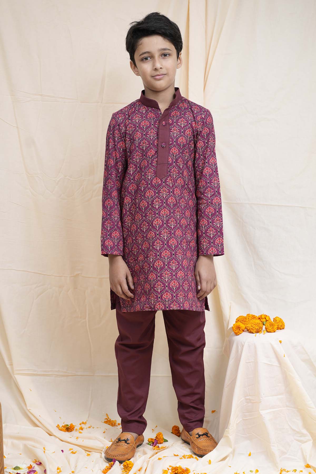 Buy Maroon Printed Collar Kurta Set Online