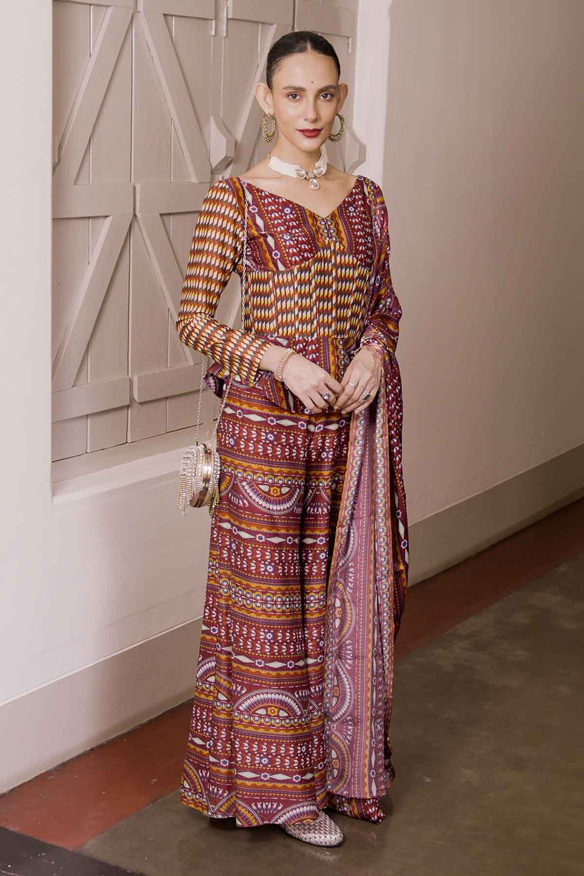 Buy Maroon Printed Indo-Western Set by Saksham Neharicka for women online at ScrollnShops