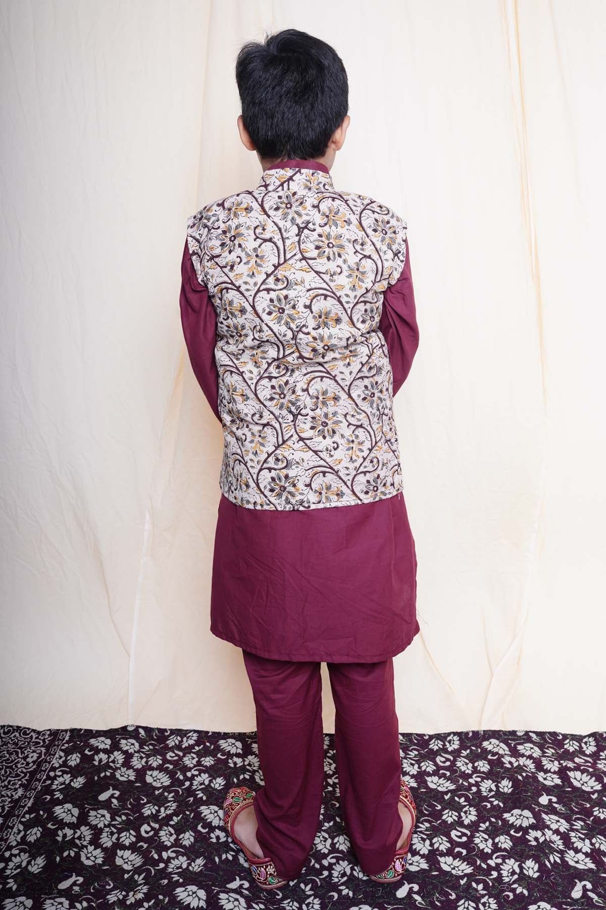 Maroon Printed Nehru Jacket Set