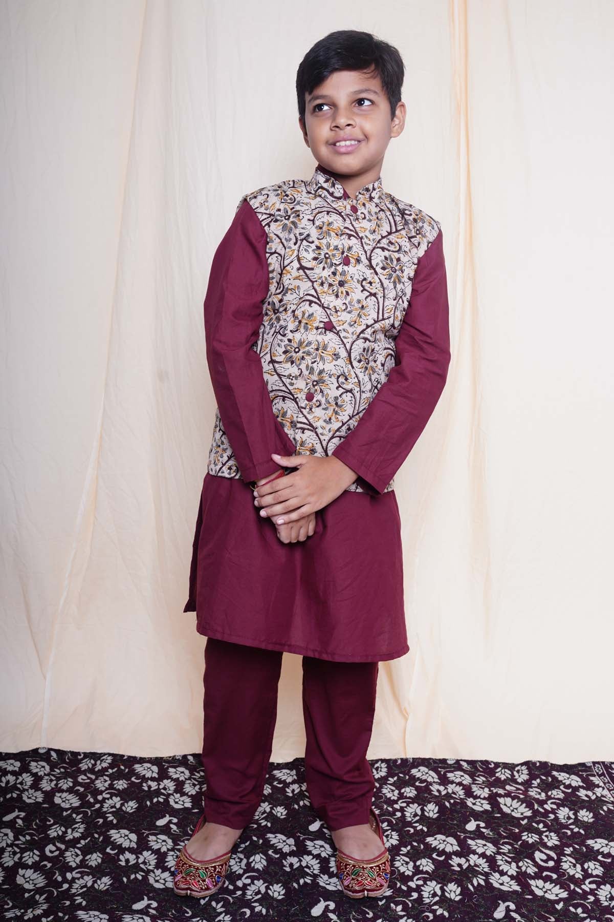 Charu Bhaskar - Kids Maroon Printed Nehru Jacket Set for boy online at ScrollnShops