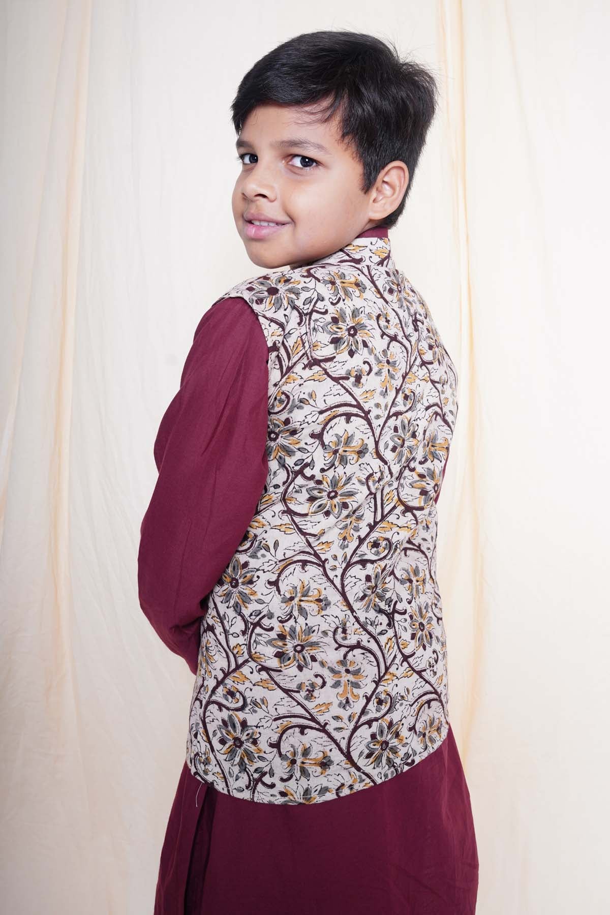 Maroon Printed Nehru Jacket Set