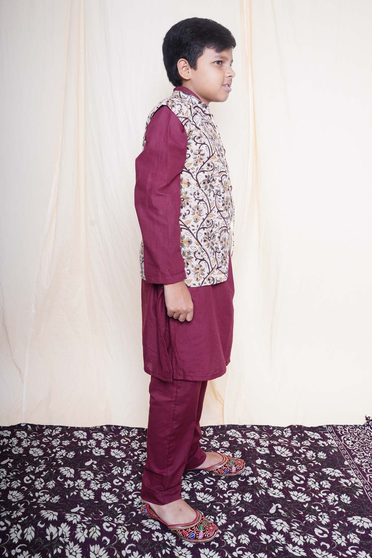 Maroon Printed Nehru Jacket Set