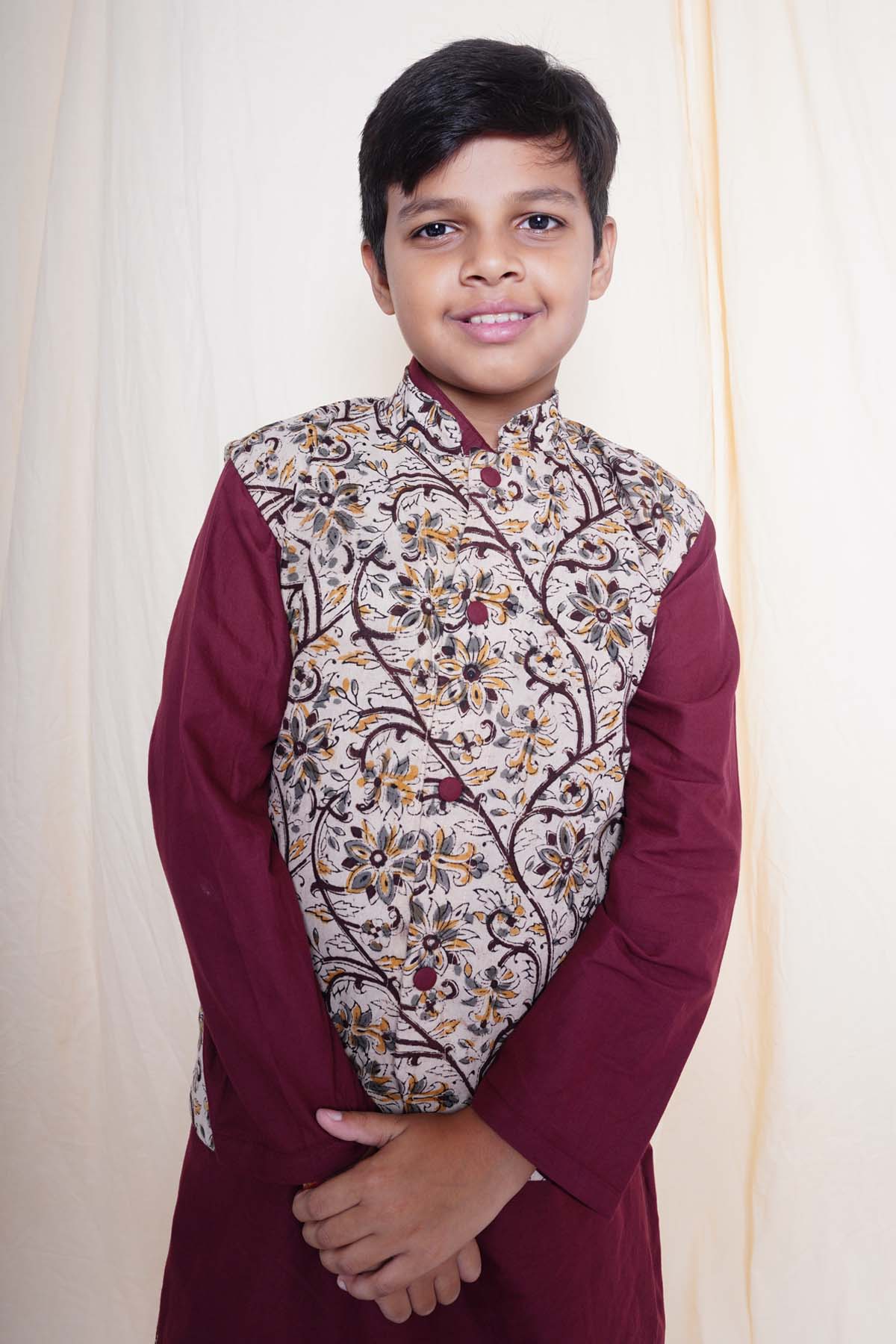 Maroon Printed Nehru Jacket Set
