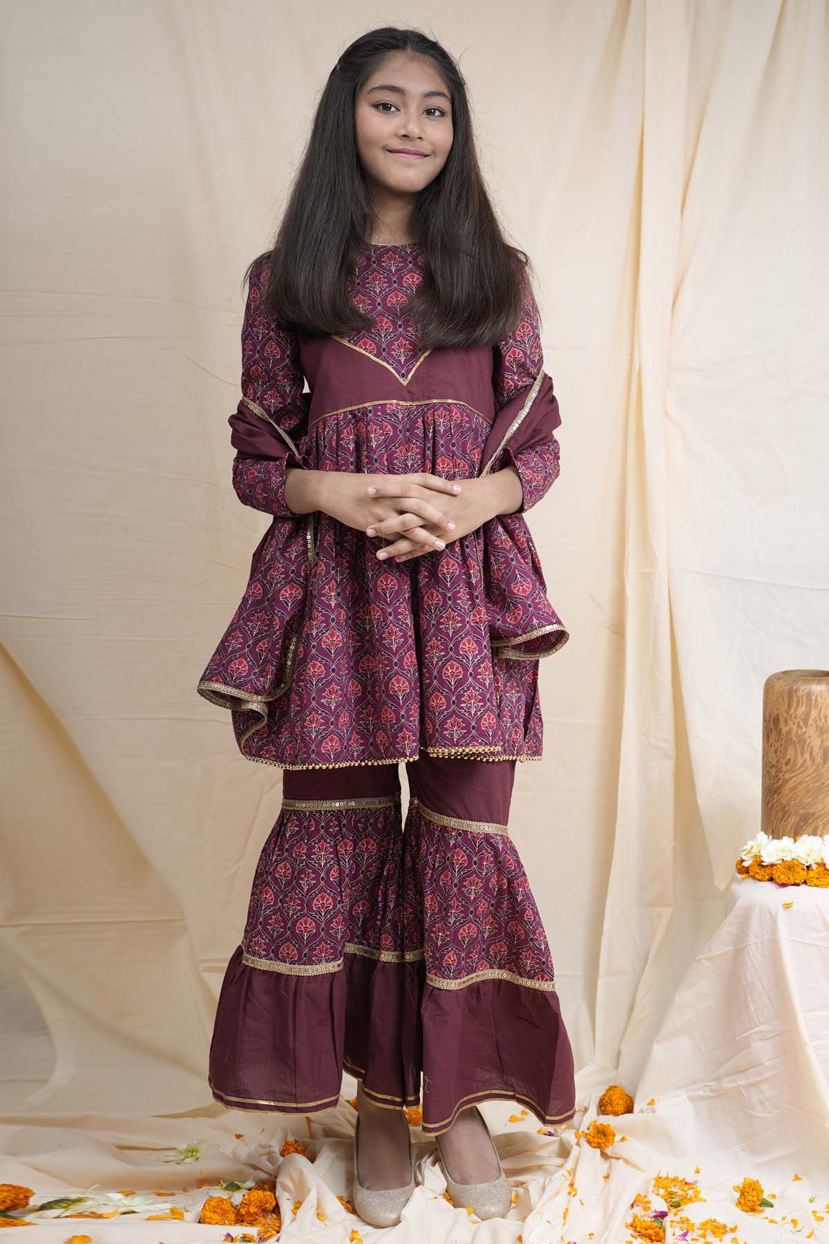 Charu Bhaskar - Kids Maroon Printed Short Kurta Set for girl online at ScrollnShops