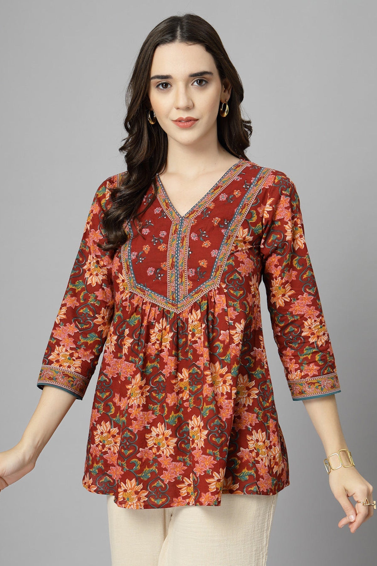 Buy Maroon Pure Cotton Printed Top for Women by Qomn Designer online available at scrollnshops