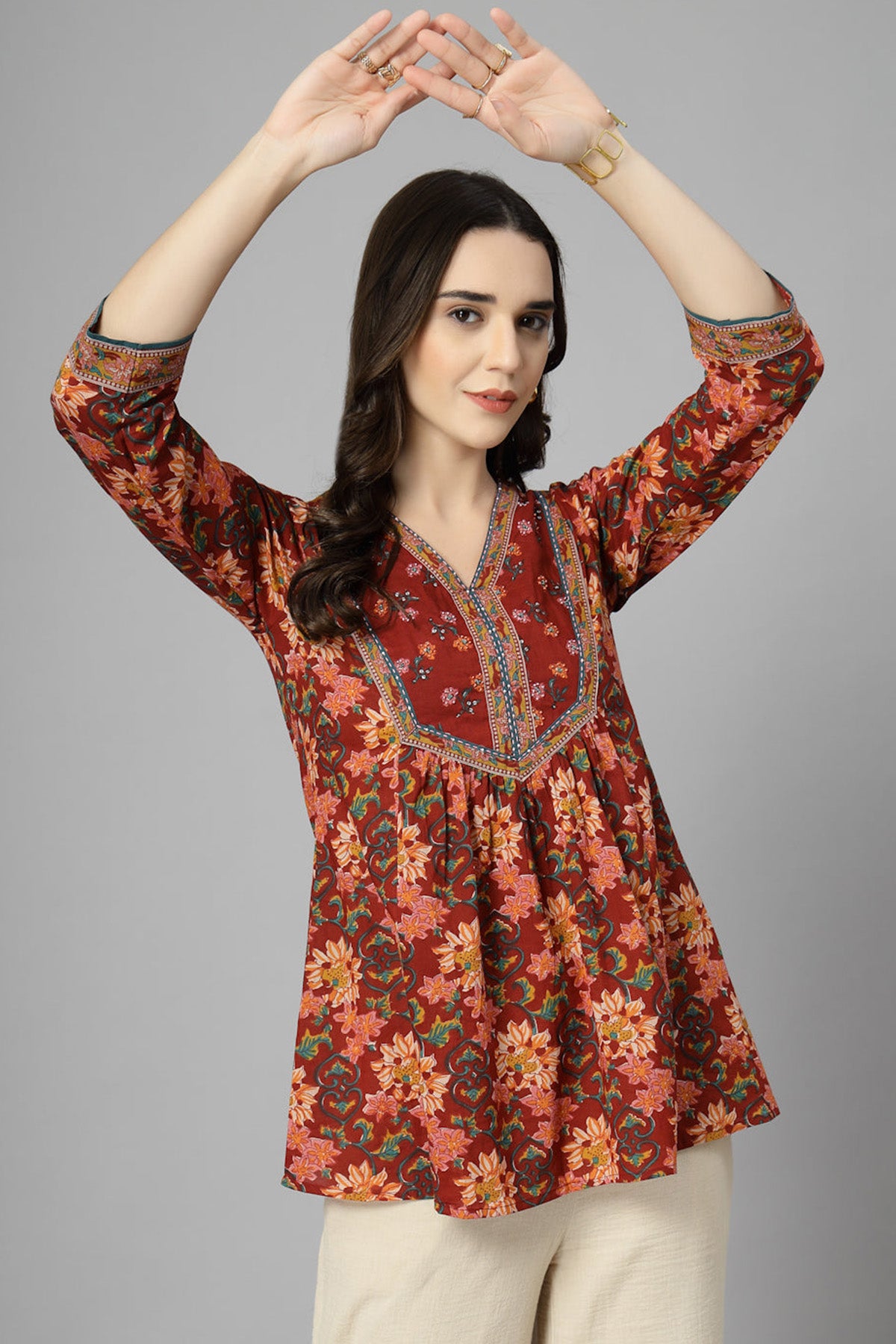 Maroon Pure Cotton Printed Top