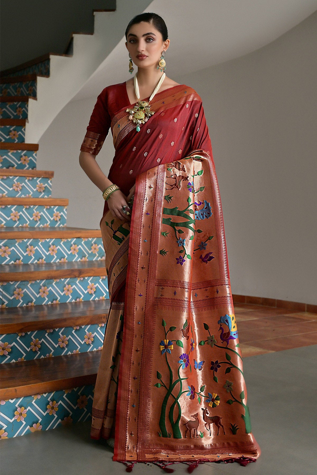 Buy Maroon Pure Zari Woven Saree for women by Lili Lala Designer online available at scrollnshops