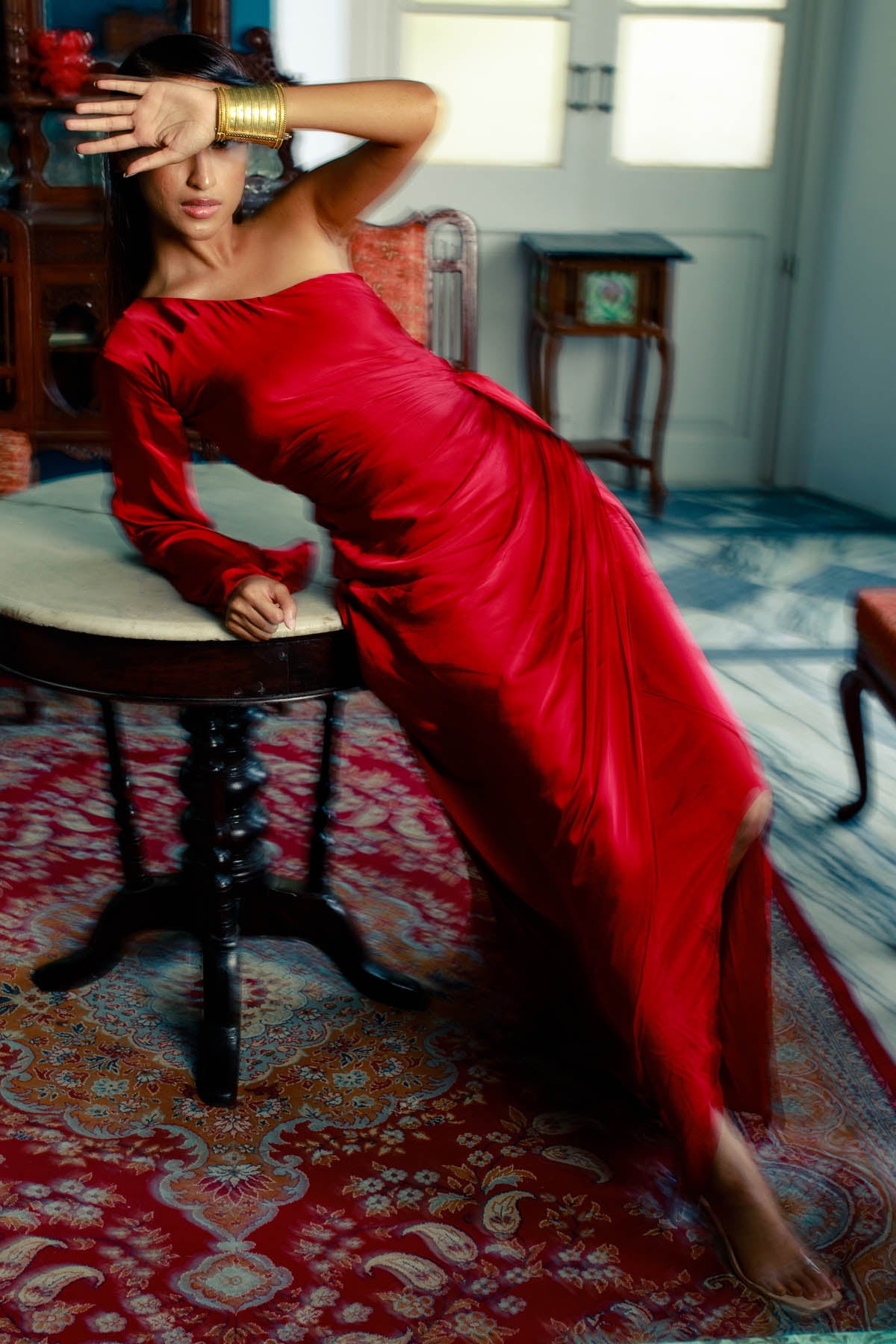 Maroon Satin One Shoulder Gown