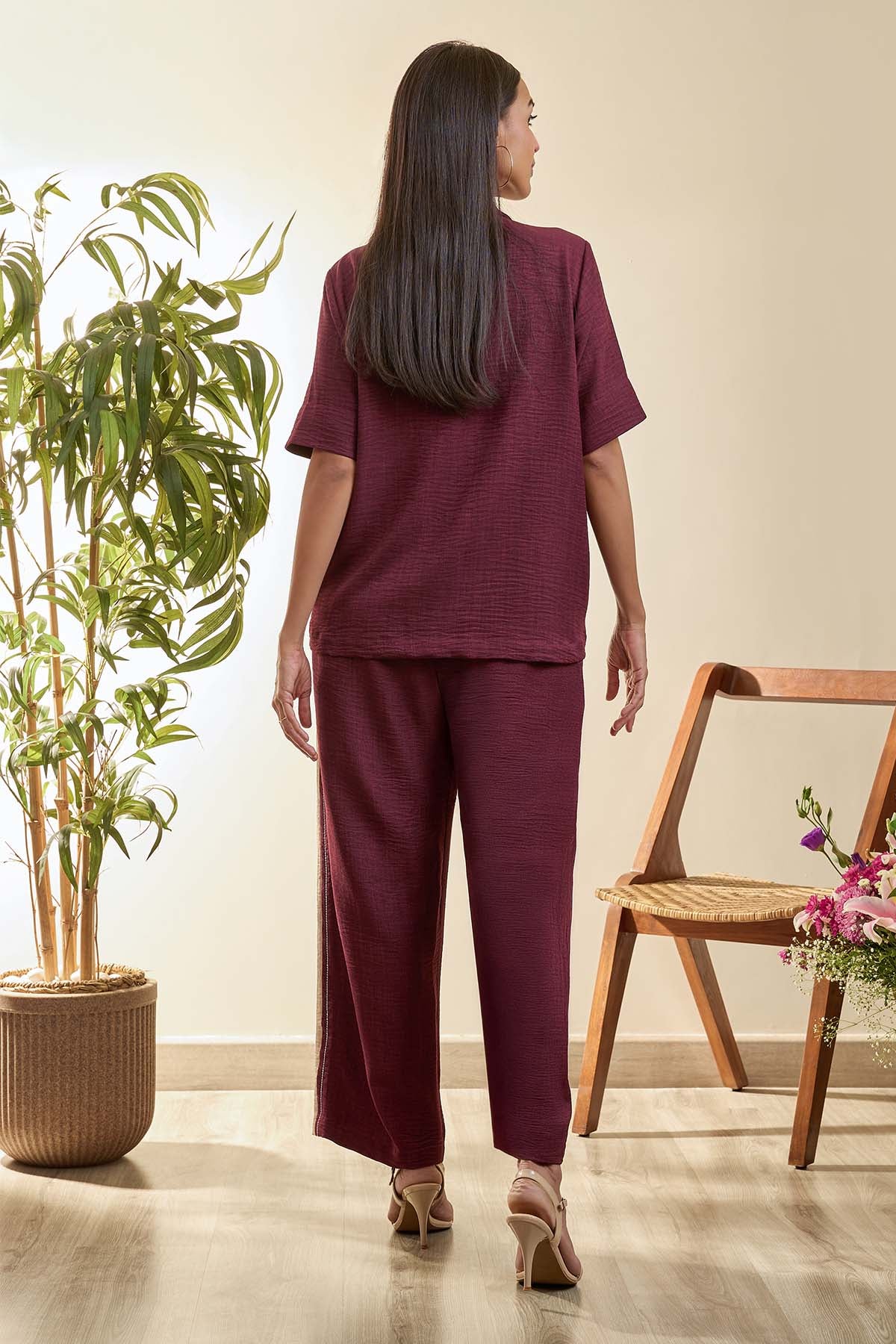 Maroon Short Sleeves Top & Pants