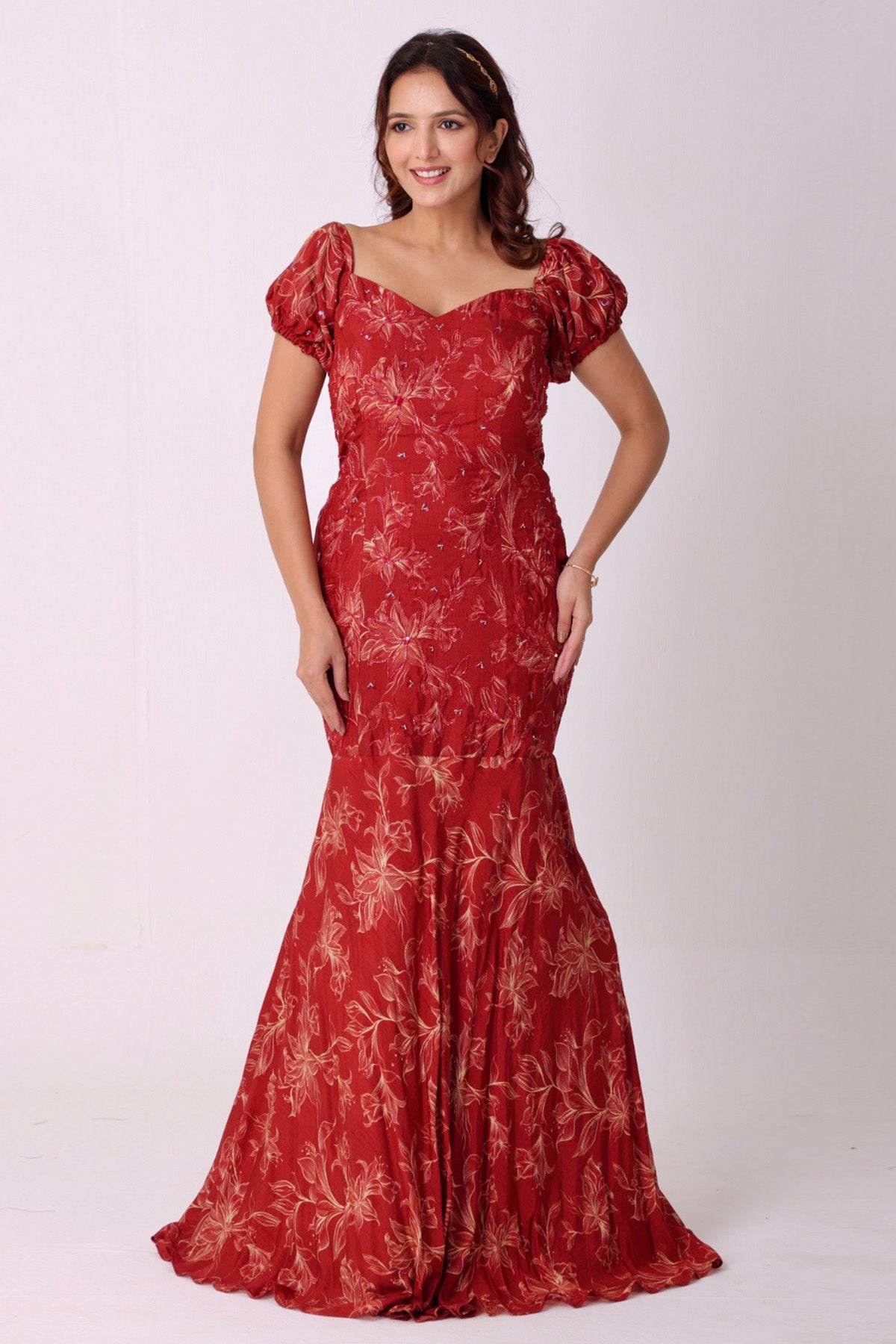 Buy Maroon Silk Embroidered Gown for women by Namita Sharma Designer online available at scrollnshops