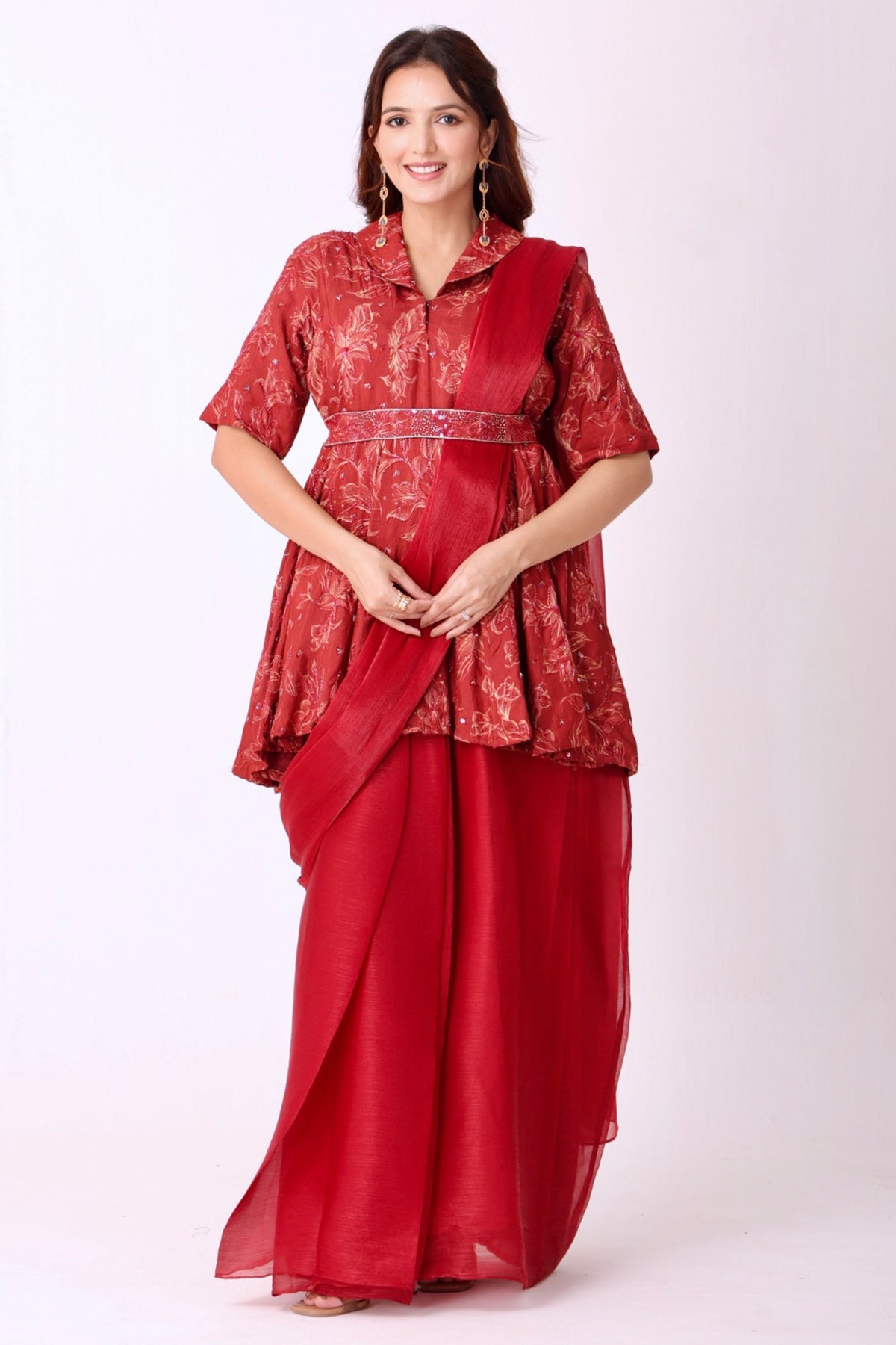 Buy Maroon Silk Embroidered Saree for women by Namita Sharma Designer online available at scrollnshops