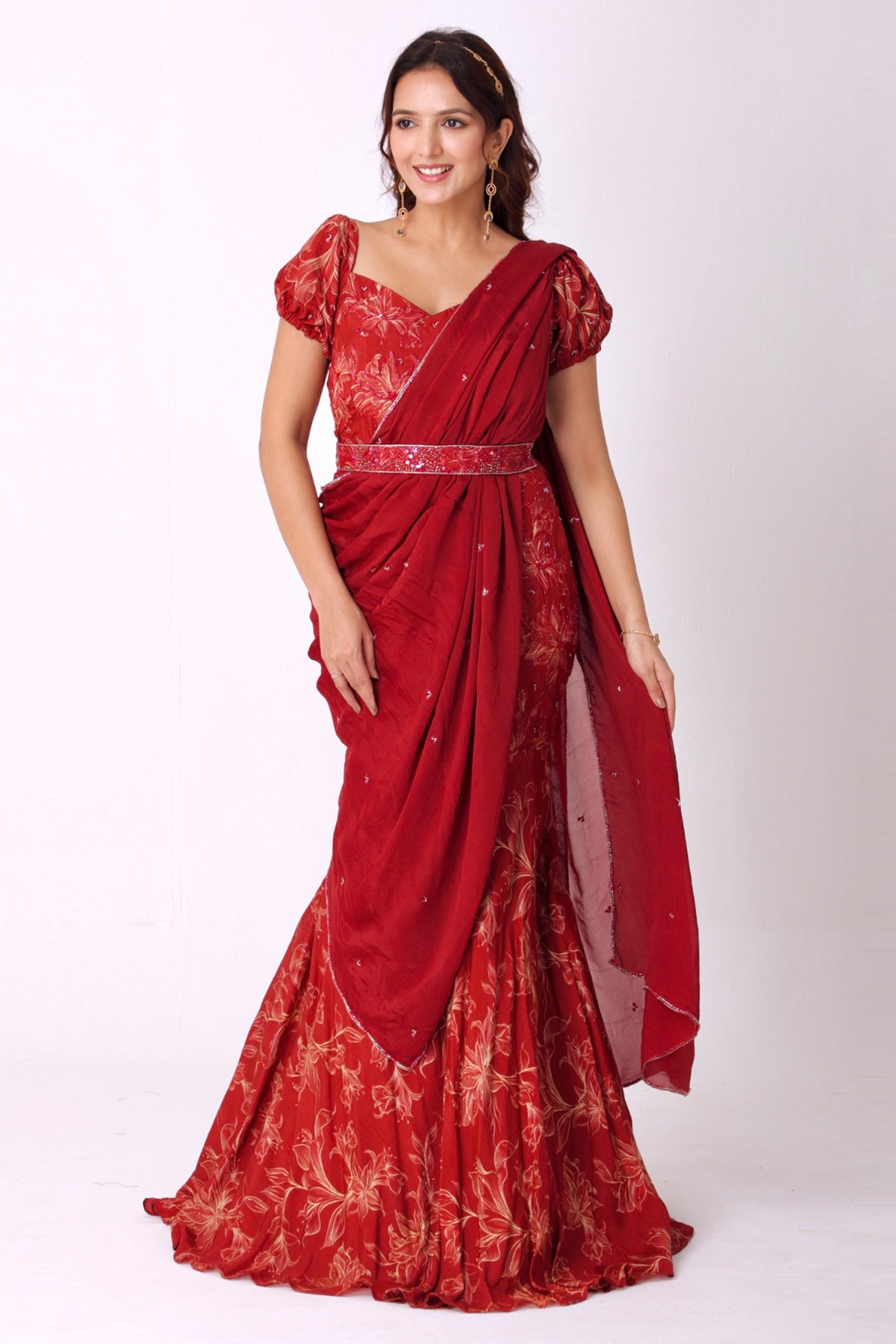 Buy Maroon Silk Fish Cut Saree Set for women by Namita Sharma Designer online available at scrollnshops