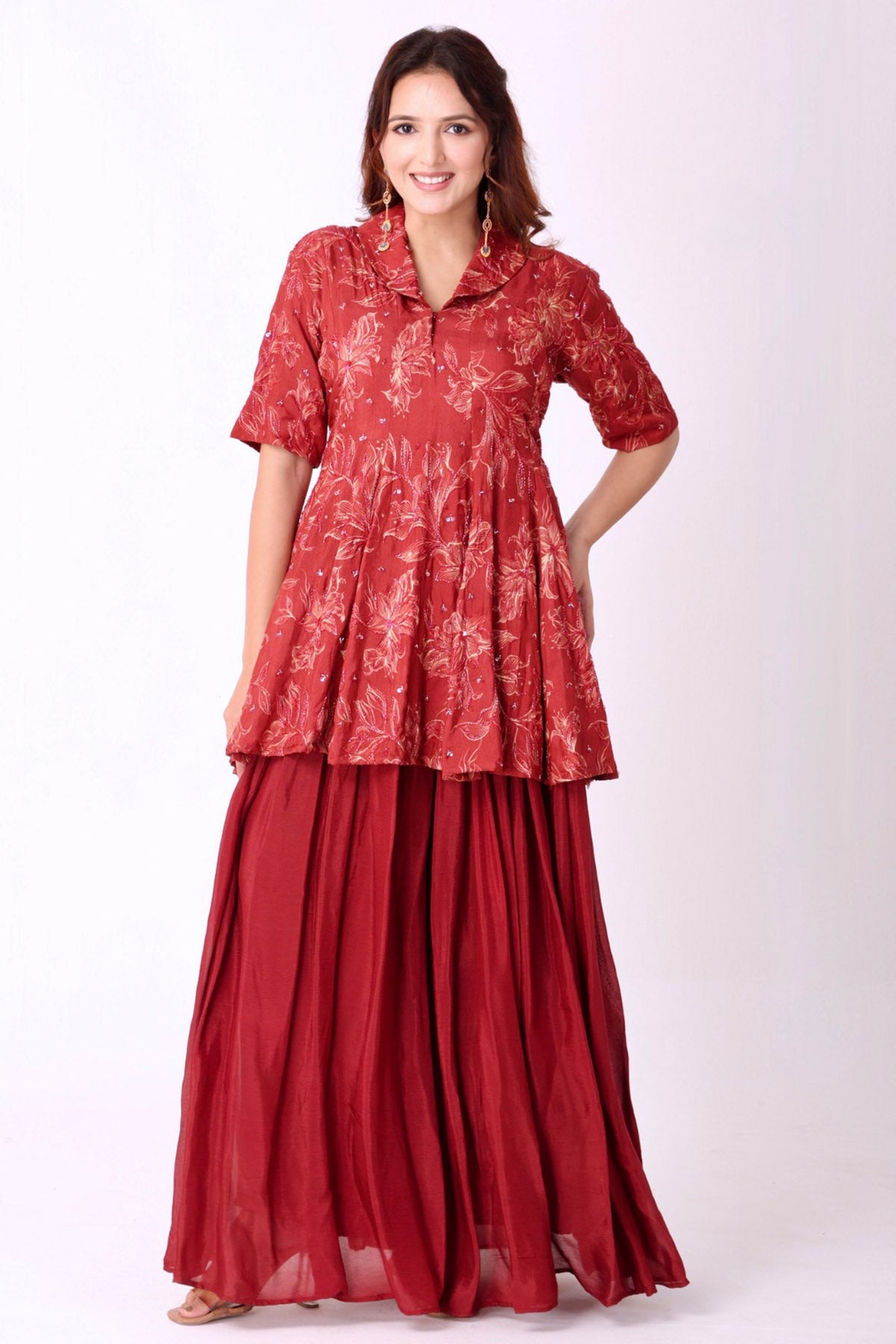 Buy Maroon Silk Floral Kurta Set for women by Namita Sharma Designer online available at scrollnshops