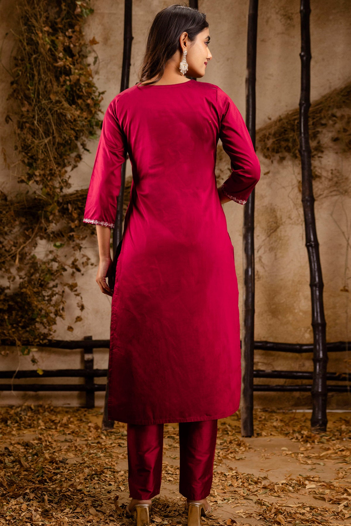 Maroon Silk V Neck Kurta Set