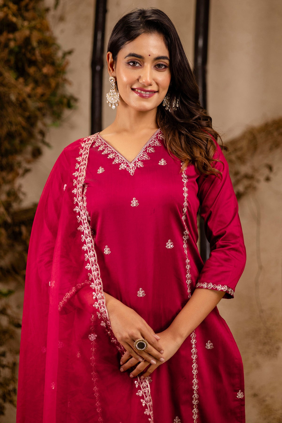 Maroon Silk V Neck Kurta Set