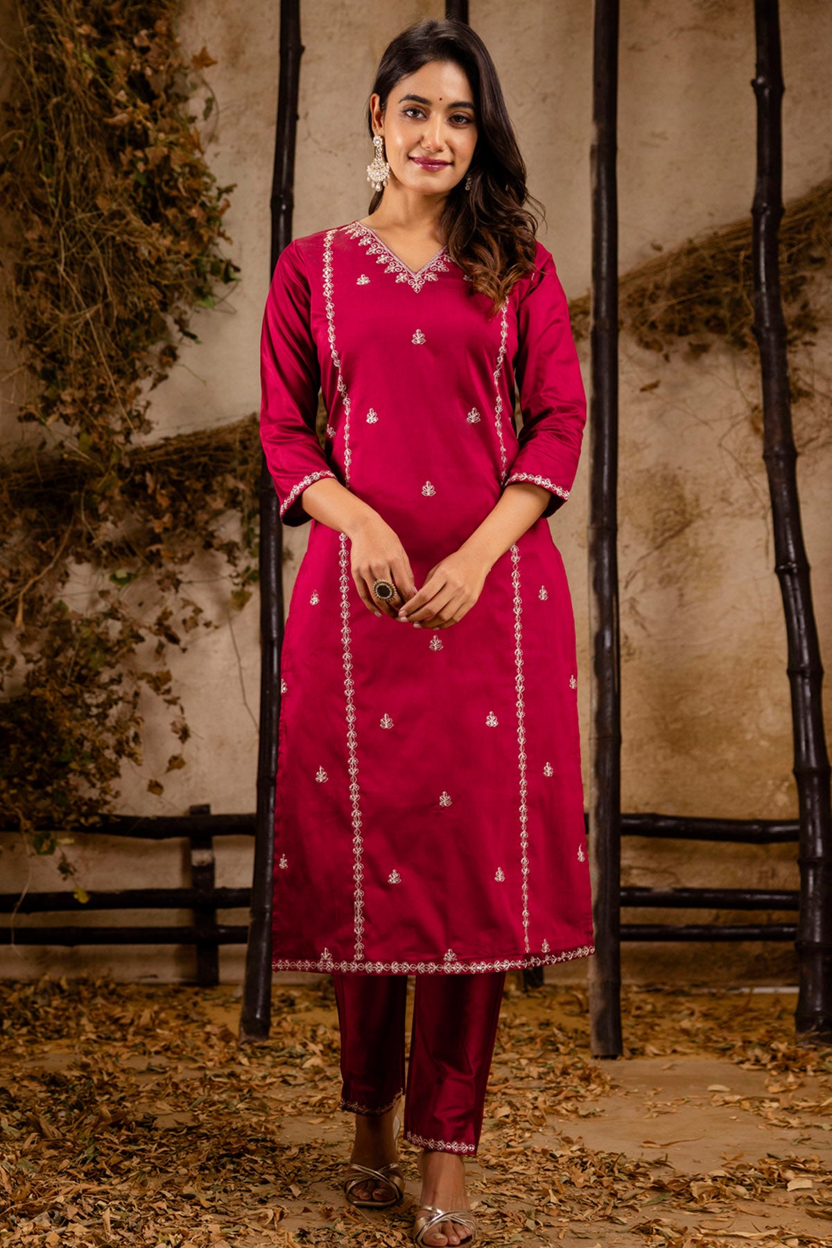 Maroon Silk V Neck Kurta Set