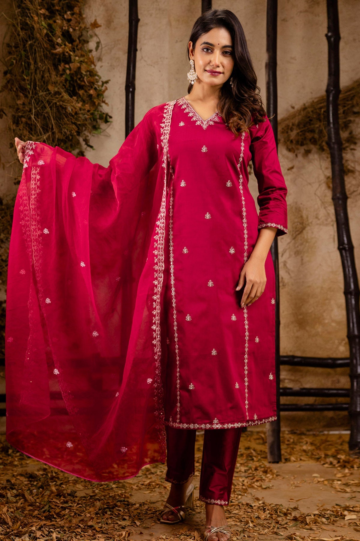Buy Maroon Silk V Neck Kurta Set for women by Aastha Fashion online available at scrollnshops