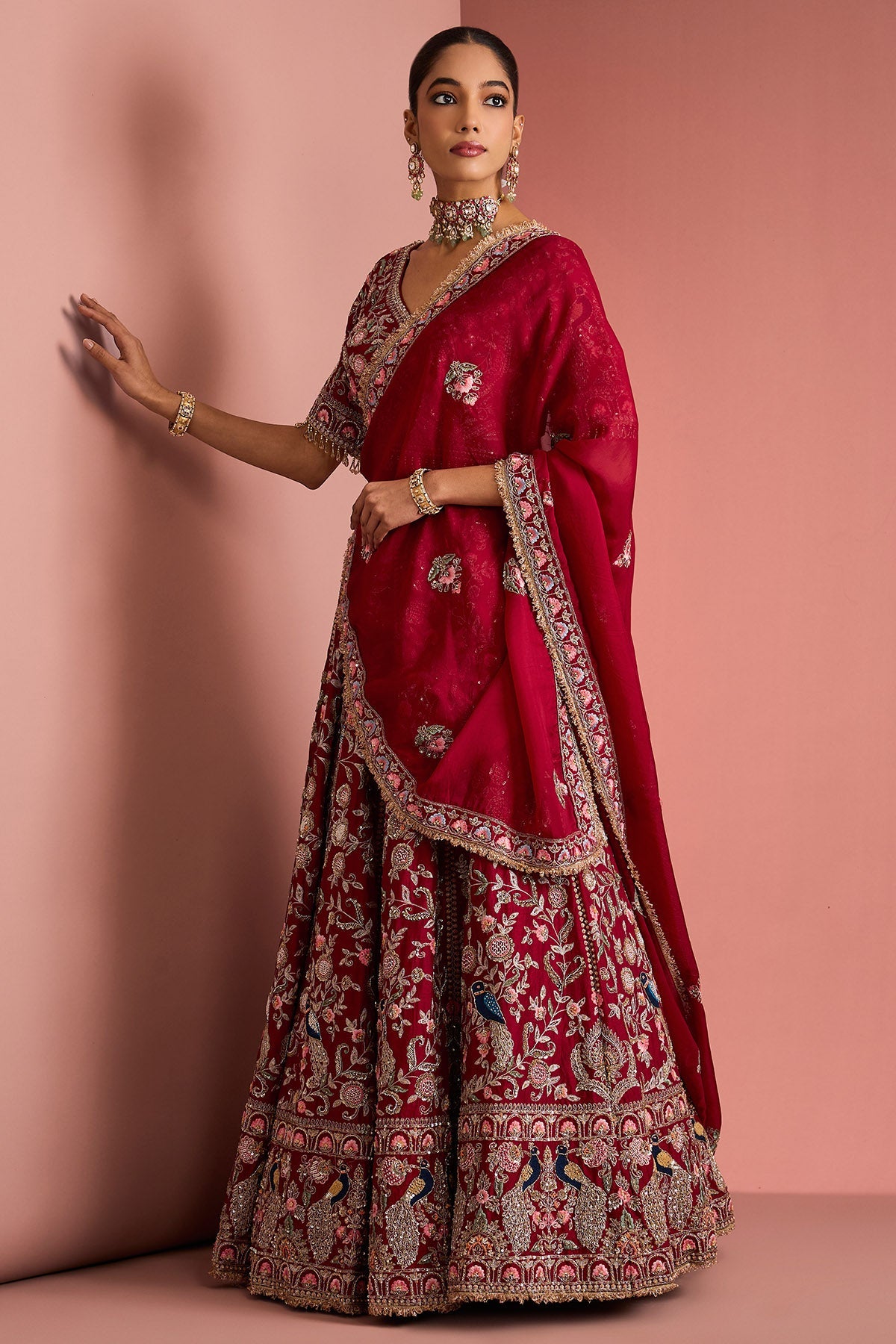 Buy Maroon Silk Zardosi Lehenga Set for women by Milu Madan online available at scrollnshops