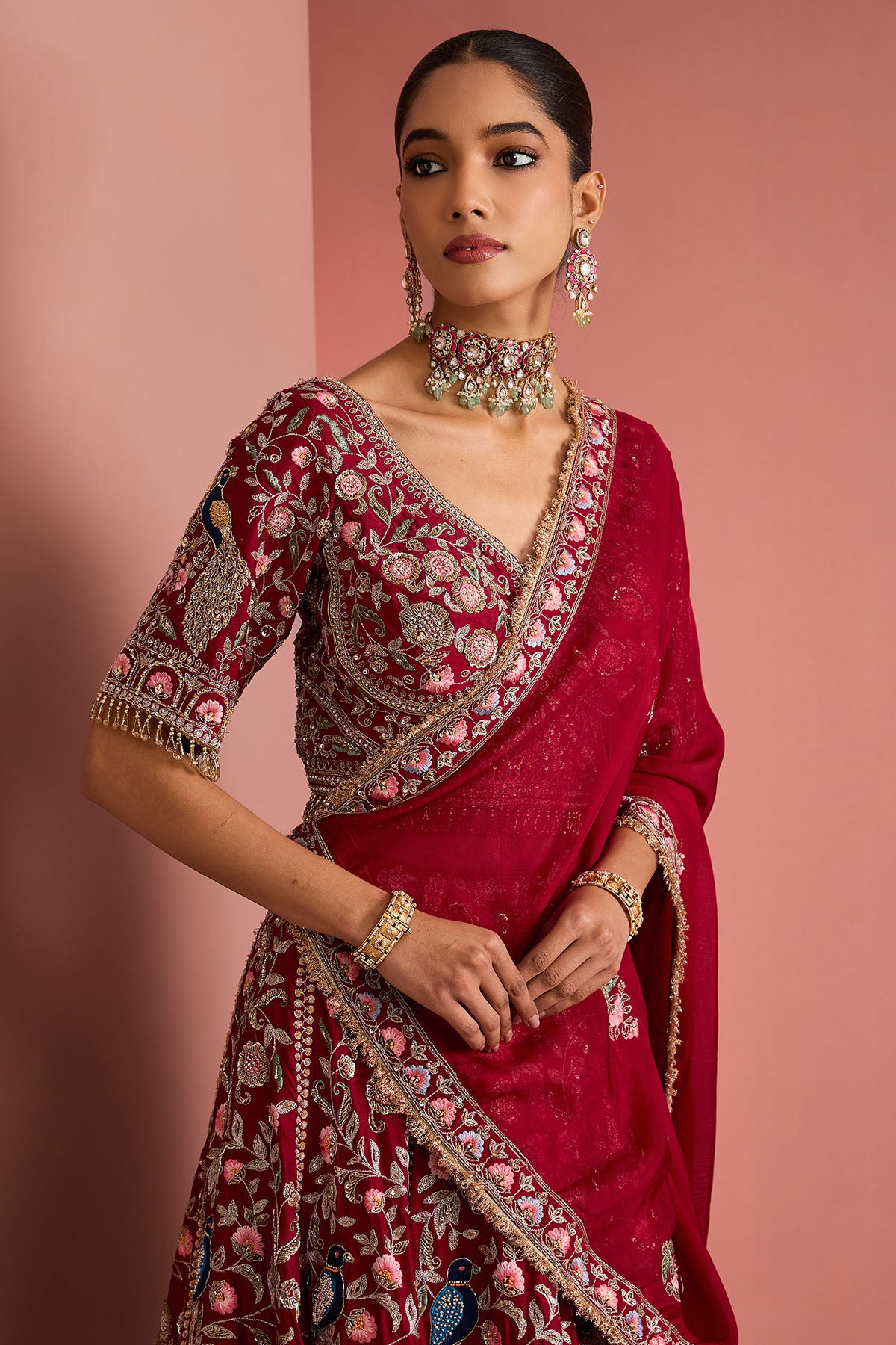 Maroon Silk Zardosi Lehenga Set