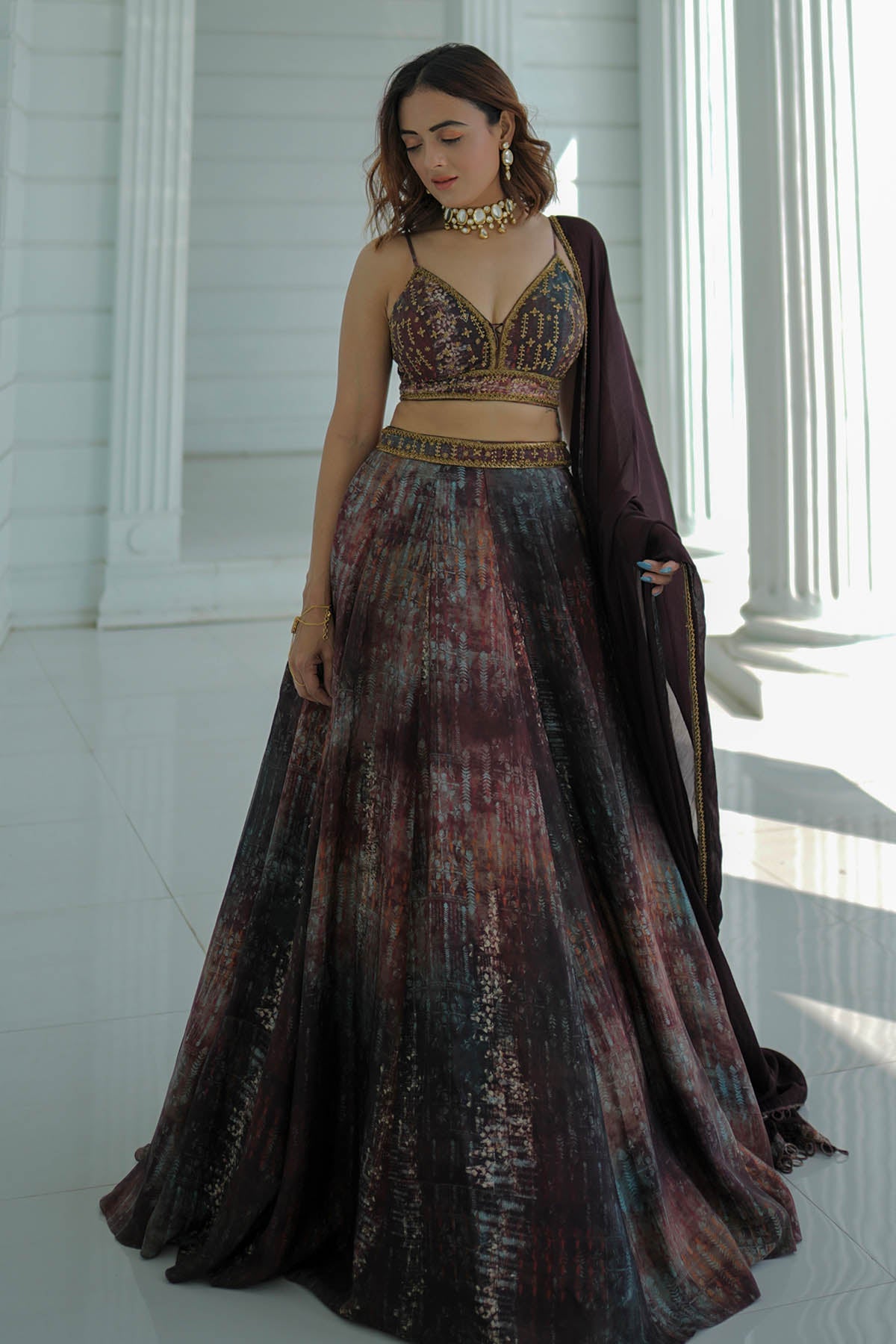 Buy Maroon Sleeveless Lehenga Set by Koswi for women online at ScrollnShops