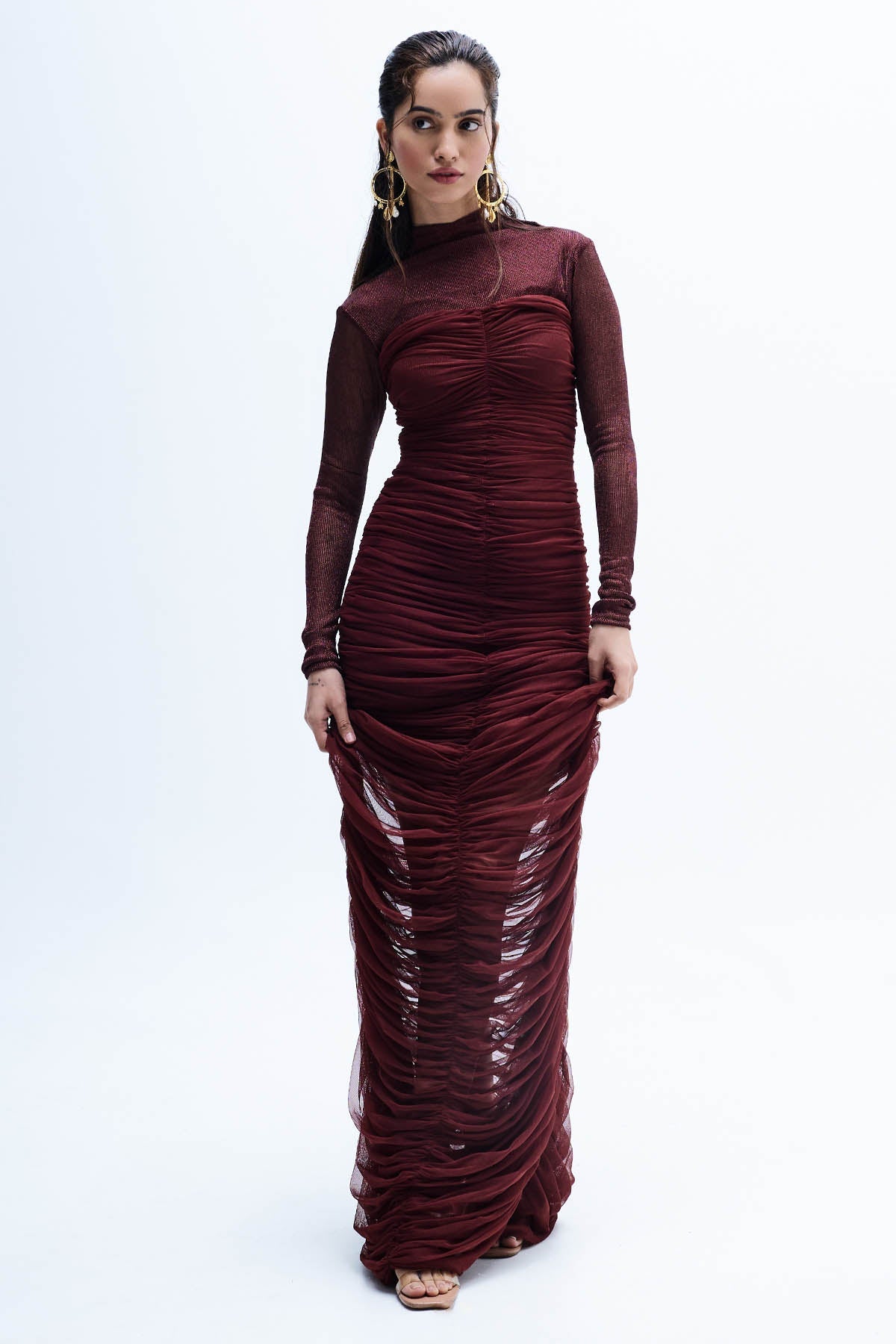 Buy Maroon Soft Net Gathered Dress for women by GKDedit online available at scrollnshops